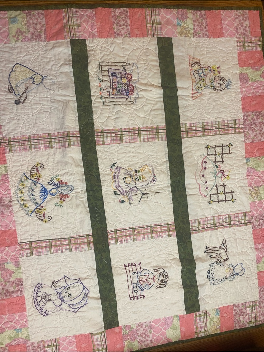 Baby Girl Quilt - Pink and White Hand-Embroidered blocks in Quilt 39”x44”